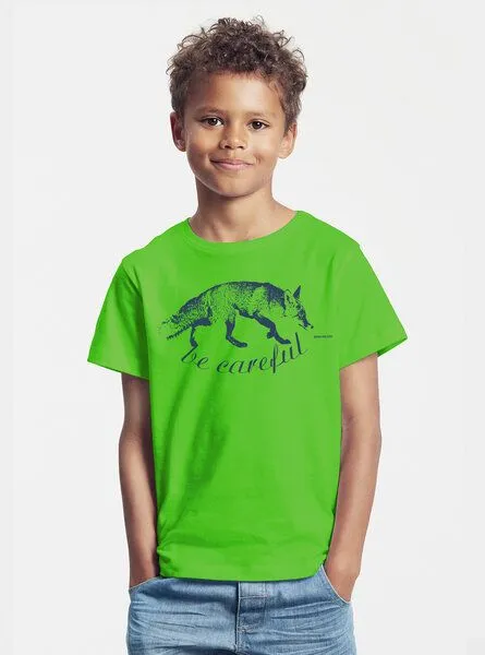 Peaces.bio - handbedruckte Biomode Peaces.bio - handbedruckte Biomode Bio-Kinder T-Shirt Be Careful, Apfelgrün, – Produktbild 2 von 2