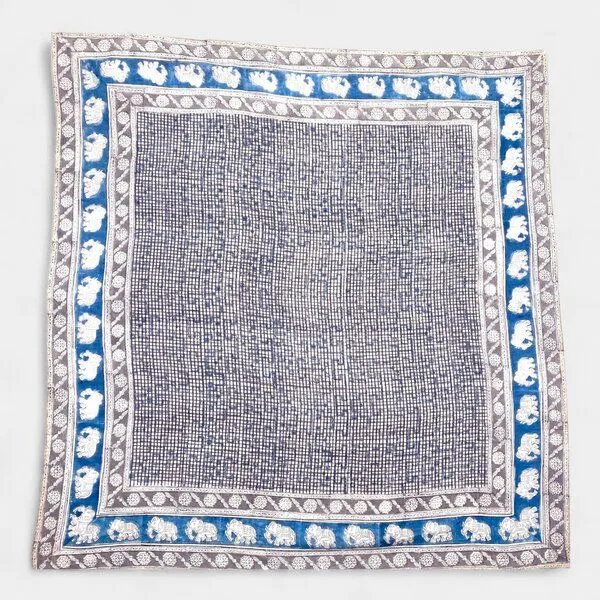 Der Lindwurm Der Lindwurm Kalamkari- Tuch (110x110 cm), Handdruck mit Pflanzenfarben, Grau/blau, – Produktbild 1 von 2