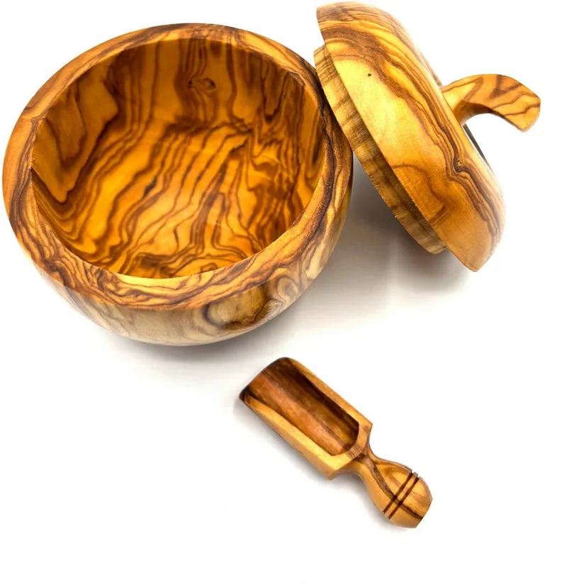 Olivenholz erleben Olivenholz erleben Zuckerdose Dose wie Apfel aus Olivenholz mit kleinem Salzschippchen, Aluminium, Massivholz, (Set, 2-tlg., 1x Dose wie Apfel, 1x Schippchen aus Olivenholz plus Überraschung), toller Blickfang in außergwöhnlicher Form und einzigartiger Maserung, Braun, – Produktbild 1 von 2