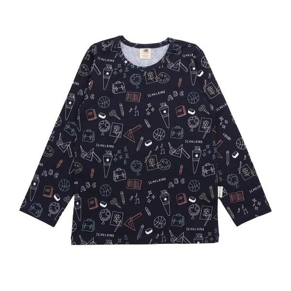Walkiddy Kinder Langarmshirt GOTS zertifiziert, dunkelblau, „Schulanfang“ Allover, Bio-Baumwolle, weich – Walkiddy, Blau, – Produktbild 1 von 2