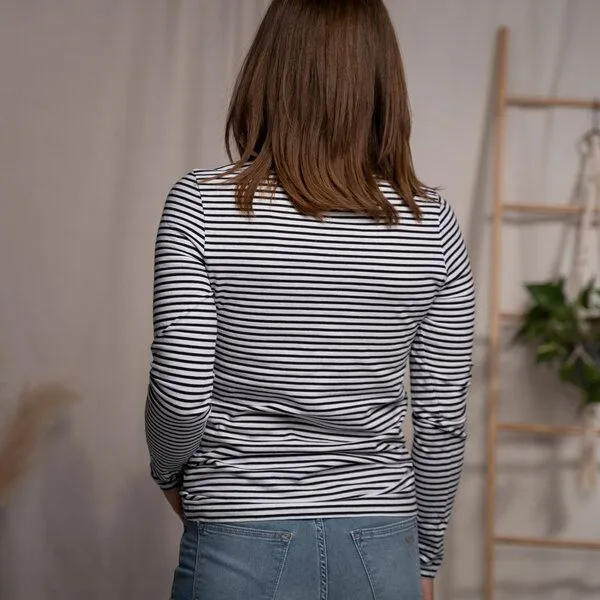 Vresh Clothing Vresh Clothing Vee - Longsleeve aus Biobaumwolle, Gestreift S/W, Gestreift s/w, – Produktbild 2 von 5