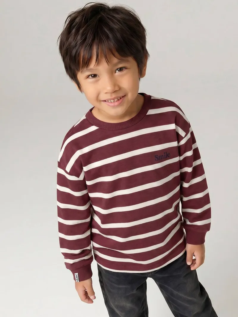Vertbaudet Gestreiftes Jungen Rundhals-Shirt personalisierbar, Bordeaux, – Produktbild 2 von 3