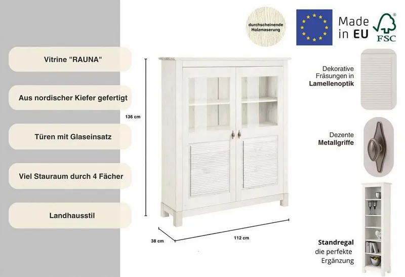 OTTO home Highboard Rauna, Vitrine, Breite 111,6 cm, aus massiver Kiefer, Weiß, – Produktbild 1 von 5