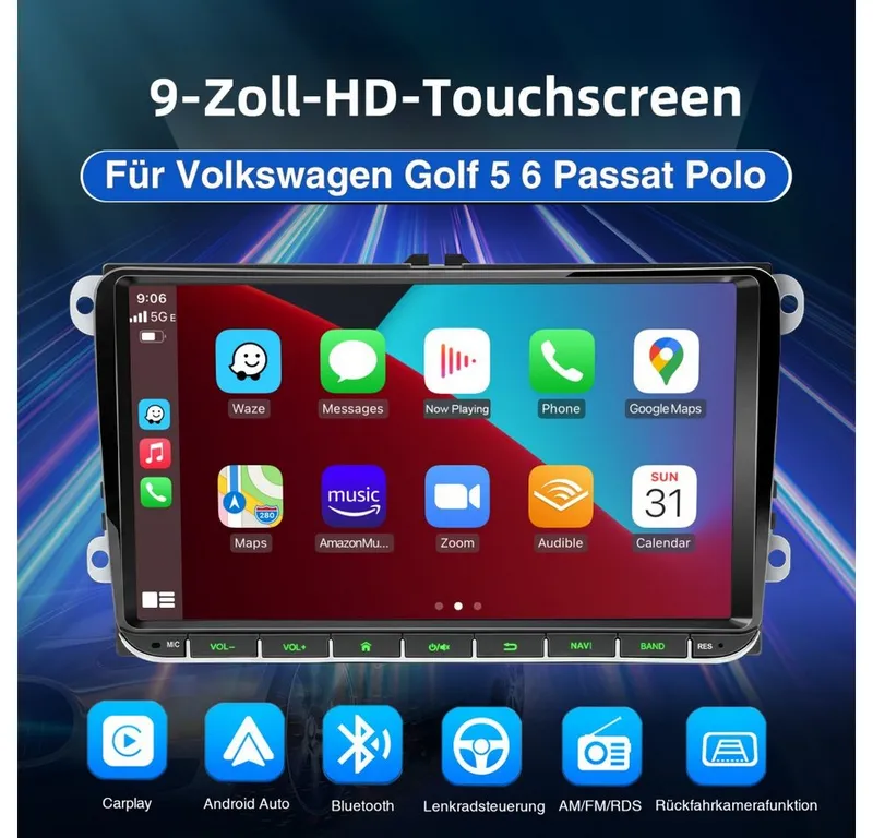 ESSGOO Für VW Golf 5 6 Plus Touran Tguan Caddy Passat Carplay Android Auto Autoradio (Carplay Android Auto Bluetooth FM AM RDS), Schwarz, – Produktbild 2 von 5