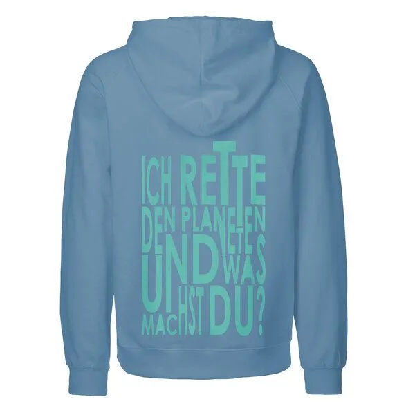 HANDGEDRUCKT HANDGEDRUCKT "Weltretten" Männer Hoody aus reiner Biobaumwolle (kbA), Indigoblau, – Produktbild 1 von 2