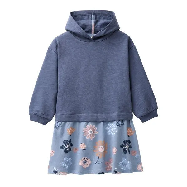 People Wear Organic People Wear Organic Sweat Kleid, blau uni und blau bedruckt "große Herbstblumen", Bio-Baumwolle – Produktbild 1 von 2