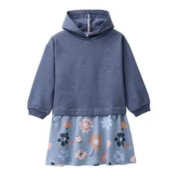 People Wear Organic People Wear Organic Sweat Kleid, blau uni und blau bedruckt "große Herbstblumen", Bio-Baumwolle – Produktbild 1 von 1