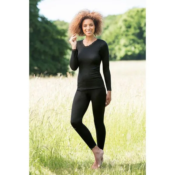 Engel natur Engel natur Damen Unterhemd Langarm m. Spitze Bio-Schurwolle/Seide, Schwarz, – Produktbild 2 von 2