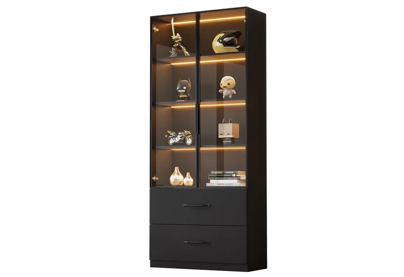 Merax Glasvitrine mit LED-Beleuchtung (60x40x160cm, 1-St., für Wohnzimmer Schlafzimmer) Vitrine mit 2 Schubladen, Hochschrank Stehend Vitrinenschrank, Schwarz, – Produktbild 4 von 4