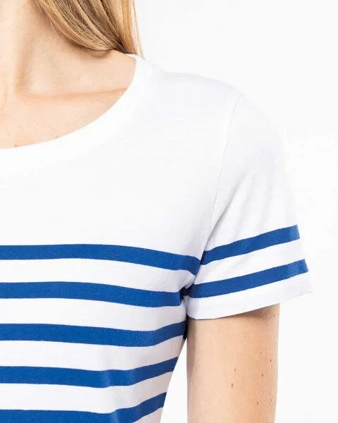 YTWOO YTWOO Nachhaltiges Damen-T-Shirt mit Rundhalsausschnitt im Marine-Stil, Weiß/blau gestreift, – Produktbild 4 von 4