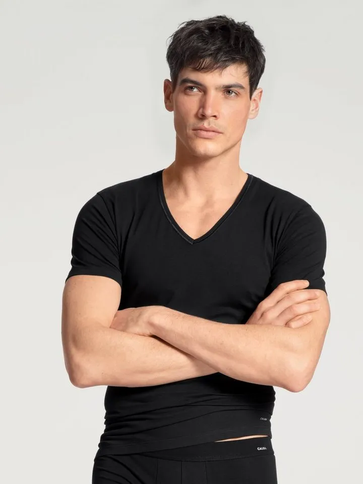 CALIDA CALIDA T-Shirt Cotton Code V-Ausschnitt, formstabiler Single Jersey, elastisch, Kurzarm, Schwarz, – Produktbild 4 von 5