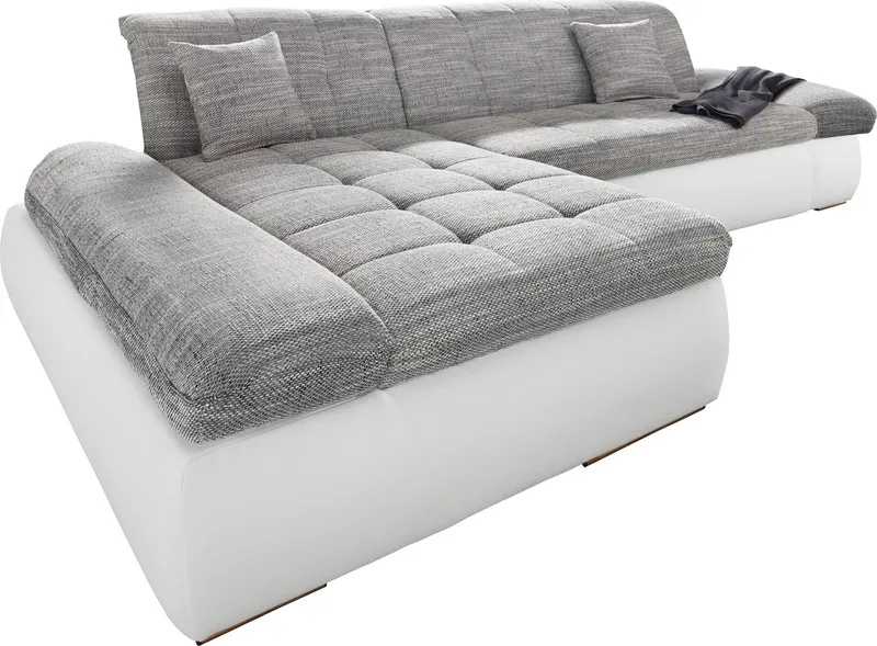 DOMO collection Ecksofa PB MORIC wahlweise mit Bettfunktion + Armteilverstellung, L-Form, im XXL-Format, B/T/H:300/172/80 cm, feine Steppung, Grau|weiß, – Produktbild 3 von 4