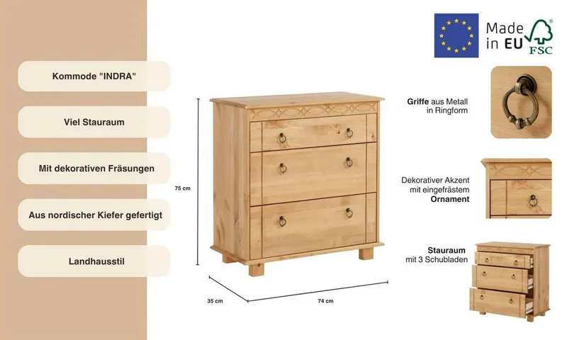OTTO home Kommode Indra Sideboard (B/T/H: 74/35/75 cm), 75 cm breit, aus massiver Kiefer, FSC®-zertifiziert, Beige, – Produktbild 4 von 5