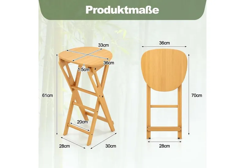 KOMFOTTEU Barhocker Barstuhl (2er Set), Klapphocker aus Bambus, bis 150kg Belastbar, Beige, – Produktbild 3 von 5