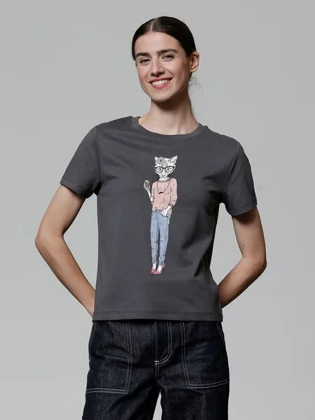 watapparel watapparel T-Shirt Frauen Hipster Cat with Moustache, Anthracite, – Produktbild 2 von 3