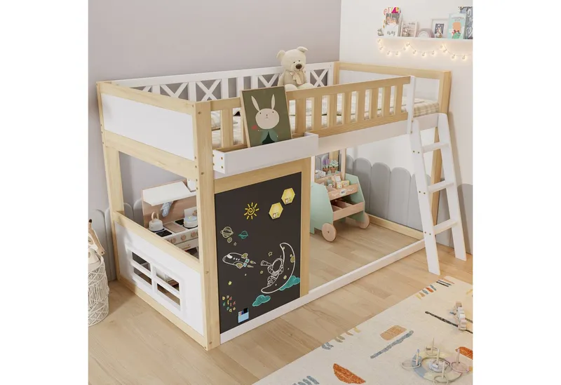 Merax Hochbett (1-St., Jugendbett Einzelbett) Kinderbett 90x200cm mit Tafel, Leiter, Aufbewahrungsbox & Stauraum, Weiß, – Produktbild 3 von 4