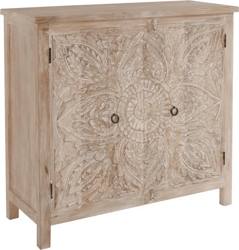 OTTO home Kommode Malati Highboard mit 2 Türen, 2 Fächer und dekorativer Fräsung, Handgefertigt mit dekorativen Fräsungen, mit Metallgriffen, Beige, – Produktbild 3 von 5