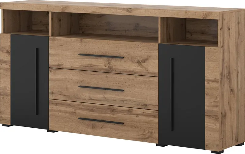 OTTO home Sideboard Roger,Breite 182cm, stilvolle Schrank, 2 Holztüren 3 Schubladen, Kommode mit viel Stauraum, Einlegeböden verstellbar, Beige|schwarz, – Produktbild 3 von 5