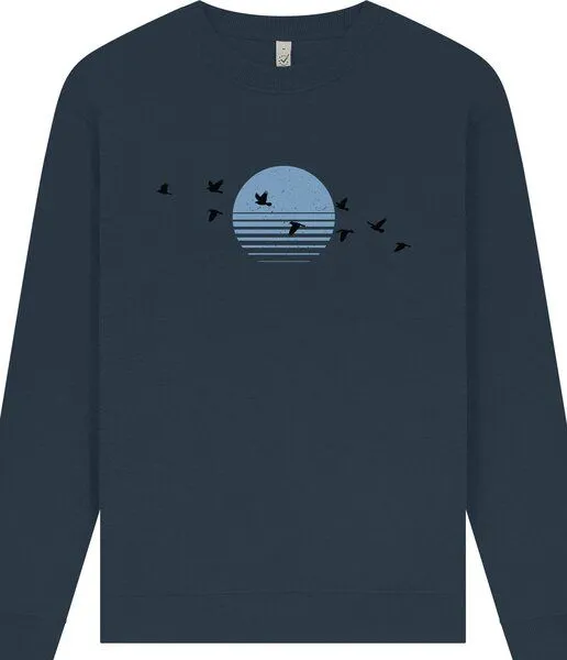Spreecult Spreecult Sonne und Vögel - Unisex Sweatshirt - Bio und Fair - Natur Nacht Berge Wasser, Denim (blau), – Produktbild 1 von 4