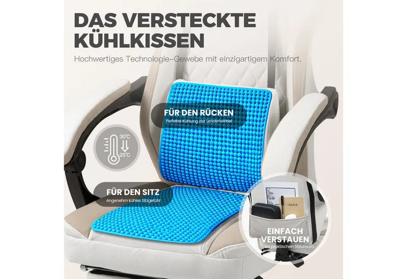 Dowinx Gaming-Stuhl Stoff mit Taschenfederkissen, Gaming Sessel mit Fußstütze, Ergonomischer Bürostuhl, Beige, – Produktbild 4 von 7