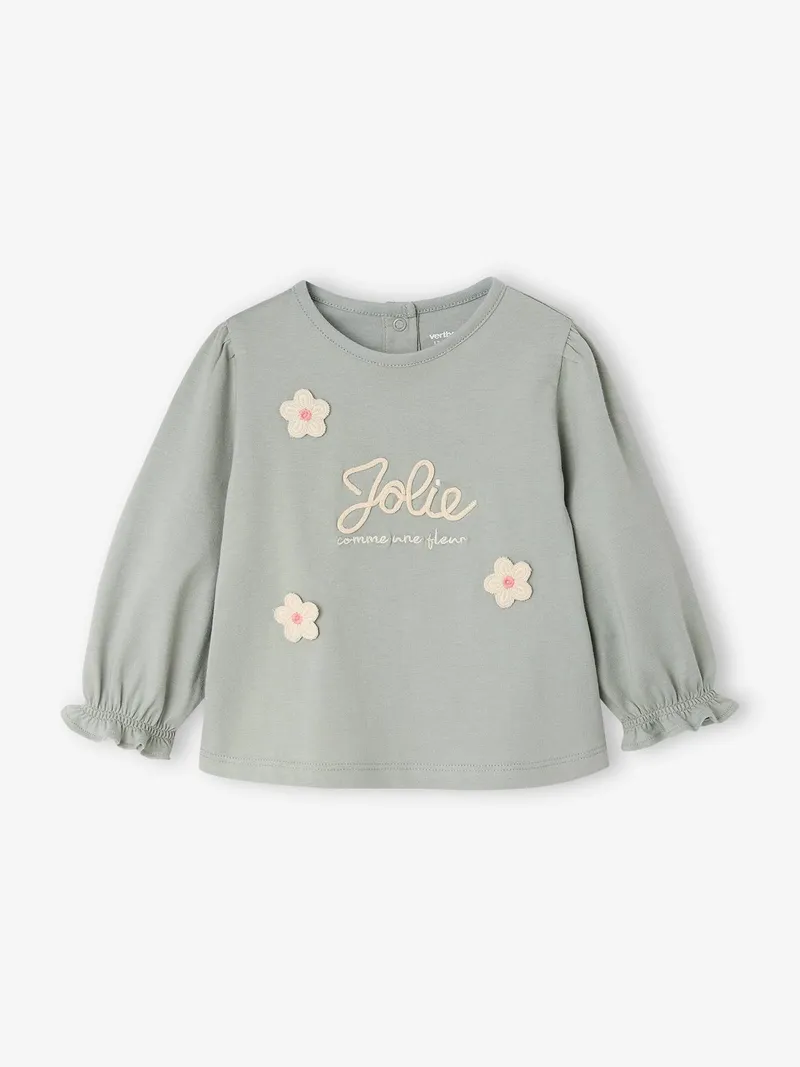 Vertbaudet Vertbaudet Baby Langarmshirt mit Blumenapplikation eis, Eisblau, – Produktbild 1 von 4