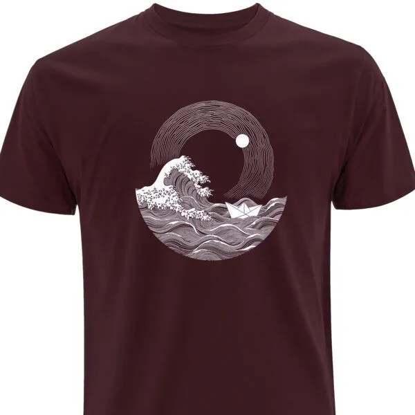Spreecult Spreecult Die große Welle und das Papierboot - Bio und Fair - Männer Unisex T-Shirt, Burgund, – Produktbild 1 von 3