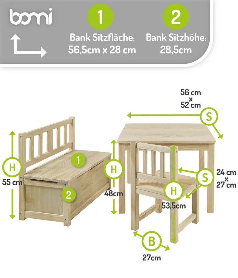 bomi bomi Kindersitzgruppe Holzsitzgruppe Anna, (Set, 4-tlg., 1x Tisch, 1x Truhenbank & 2x Stühle), Kindertischgruppe aus Holz, als Spiel- & Maltisch, Beige, – Produktbild 3 von 8