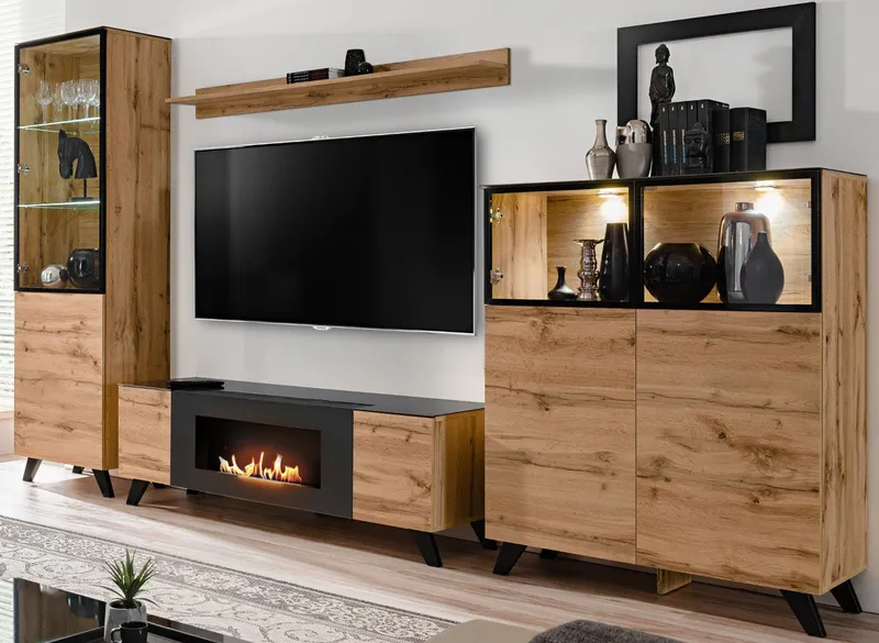 Furn.Design Wohnwand Heritage, (Schrankwand in Wotan Eiche mit Schwarz, 4-teilig, 330 x 197 cm), inklusive Kamin und Beleuchtung, Beige, – Produktbild 2 von 5