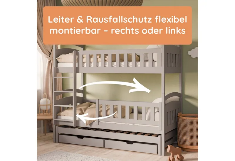 Kids Collective Etagenbett Hochbett Stockbett Kinderbett 90x200 cm mit Ausziehbett und Schubladen, Umbaubar zu 3 Einzelbetten mit Lattenrosten & Rausfallschutz, Grau, – Produktbild 5 von 5