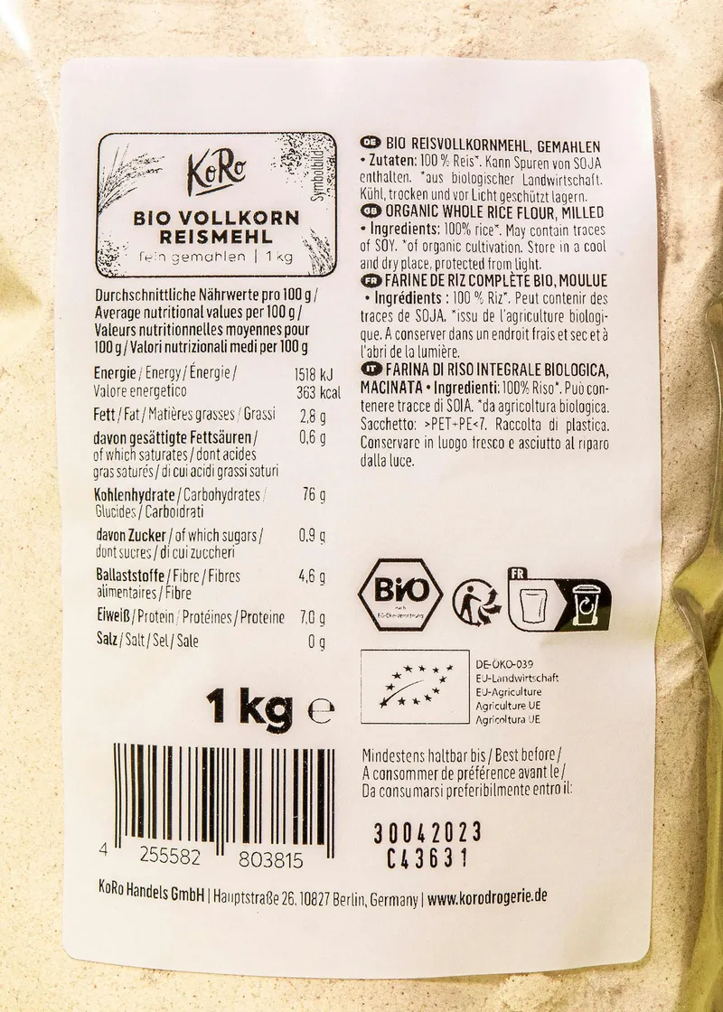 KoRo Bio Vollkorn Reismehl 1 kg – Produktbild 3 von 5