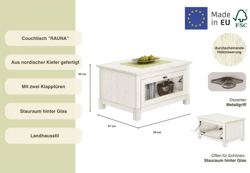 OTTO home Couchtisch Rauna, Breite 90 cm, FSC®-zertifiziertes Massivholz, Weiß, – Produktbild 3 von 5
