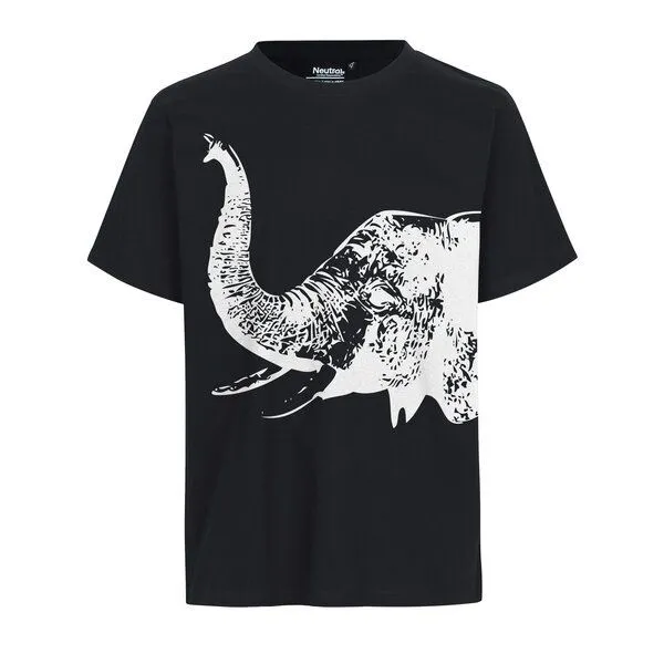 HANDGEDRUCKT HANDGEDRUCKT "Elefant" Unisex T-Shirt aus reiner Baumwolle (kbA), Black, – Produktbild 1 von 2