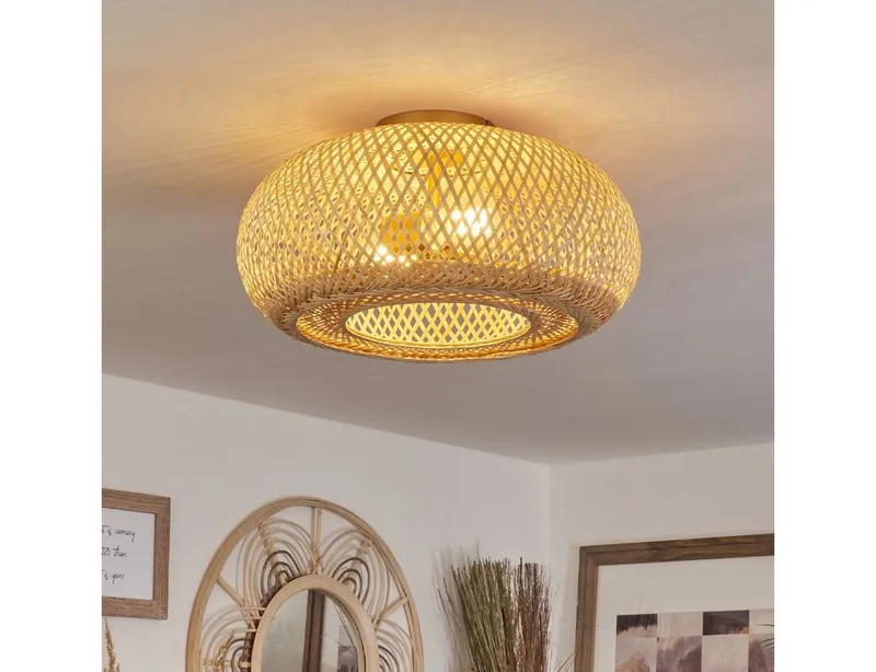 hofstein Deckenleuchte »Decollatura« Deckenlampe aus Metall/Bambus in Goldfarben/Natur, ohne Leuchtmittel, Leuchte im Boho Design mit Lichteffekt, ø40cm, 1xE27, Beige, – Produktbild 1 von 5