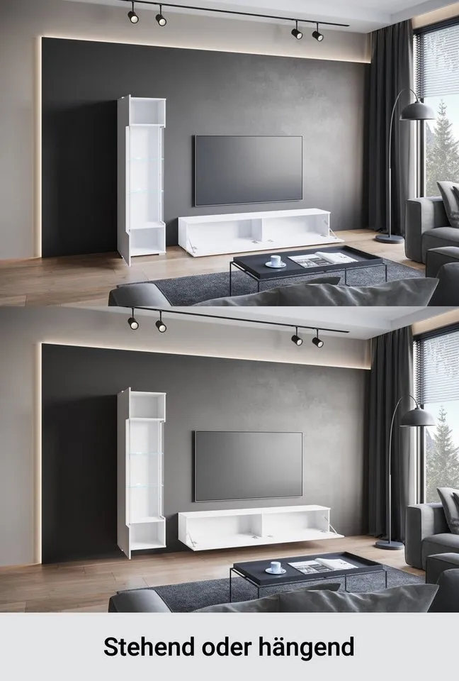 OTTO home Wohnwand Kenia, Vitrine Türanschlag links/rechts wechselbar, (Komplett-Set, 2-St), Vitrine mit Eckverglasung, hängend und stehend montierbar, Weiß, – Produktbild 4 von 5