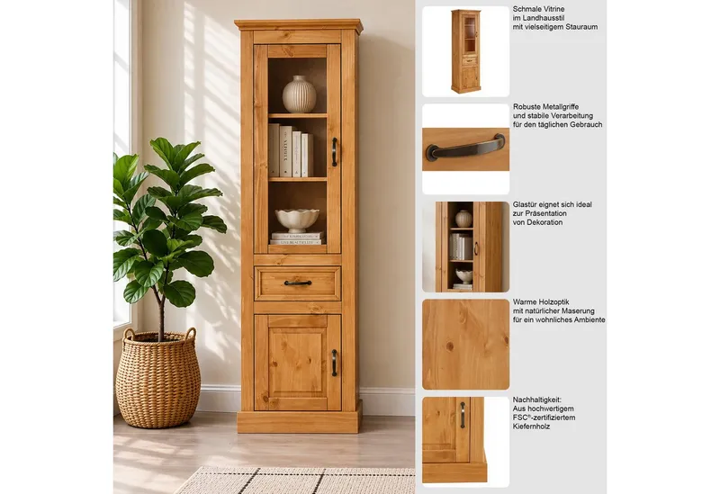 OTTO home Vitrine Selma Hochschrank, 2 Türen, eine davon mit Glaseinsatz und 1 Schublade massives Kiefernholz mit natürlicher Maserung, Metallgriffe 180cm hoch, Beige, – Produktbild 3 von 5
