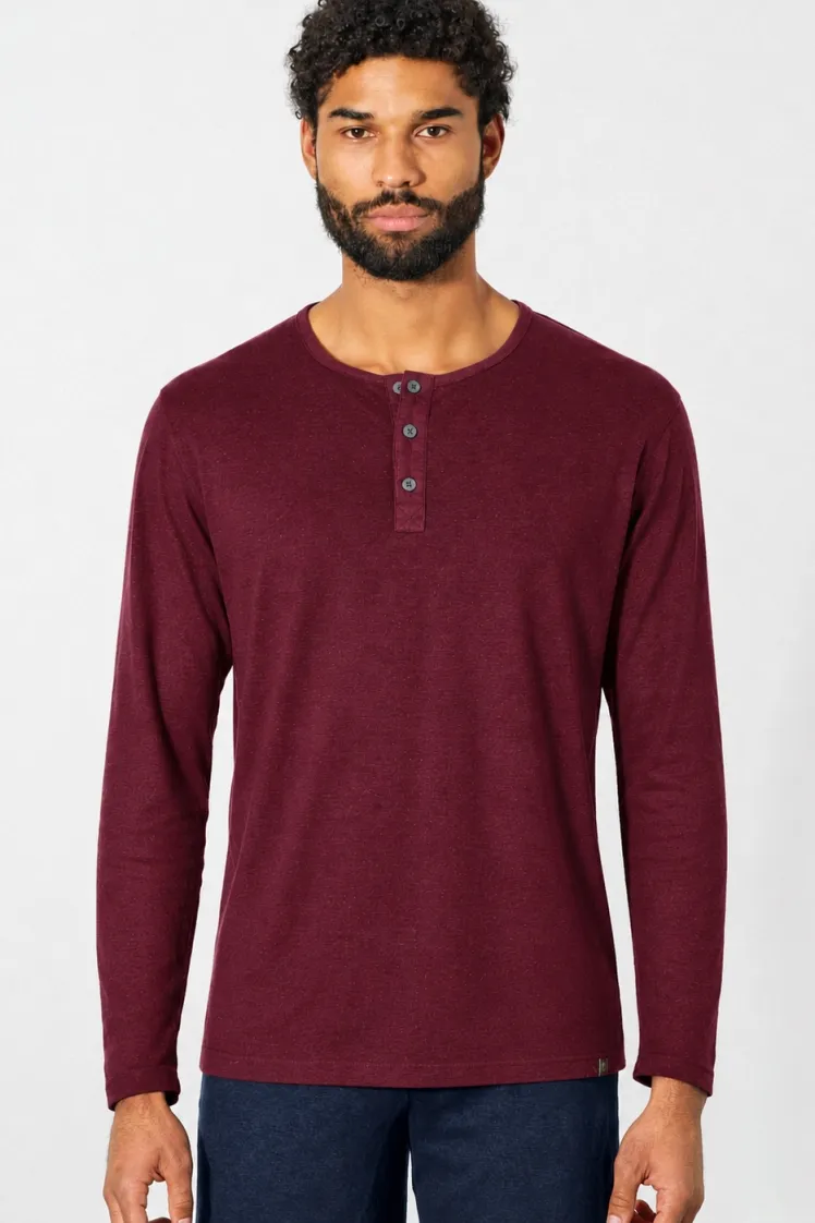 HempAge Hempage Herren vegan Langärmliges Gebürstetes Henley Shirt In Rioja Rot, Rot, – Produktbild 2 von 2