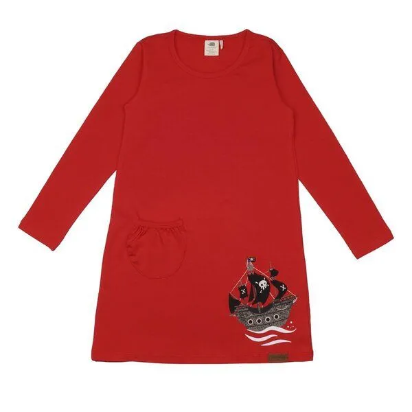Walkiddy Kinder Tunika GOTS zertifiziert, rot, „Pirate Ships“ Motiv, Langarm, Bio-Baumwolle, weich – Walkiddy – Produktbild 1 von 2