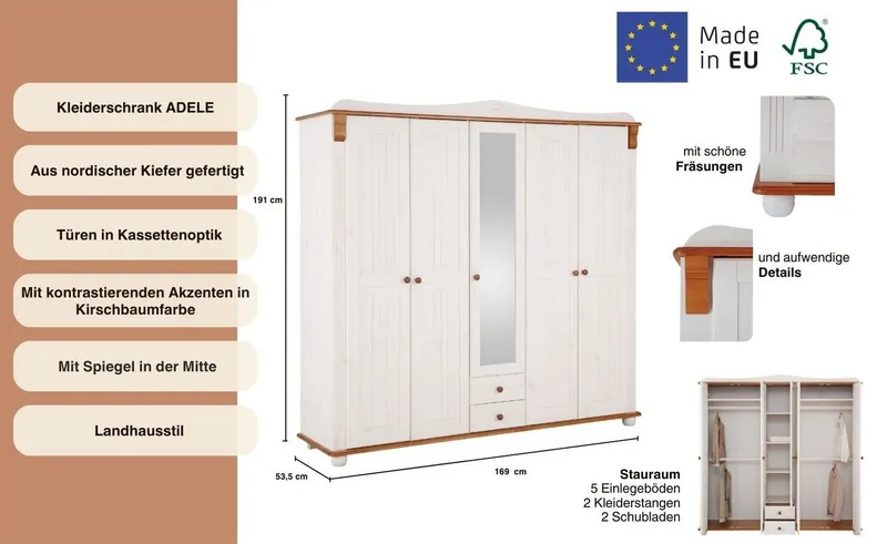OTTO home Kleiderschrank Adele (Breite x Höhe x Tiefe ca: 207 cm x 191 cm x 53,5 cm) Massive Kiefer,Spiegel, Landhausstil, Weiß, – Produktbild 4 von 5