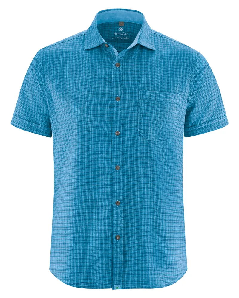 HempAge Hempage Herren vegan Kurzarmhemd Mit Karomuster In Topas, Blau, – Produktbild 1 von 2