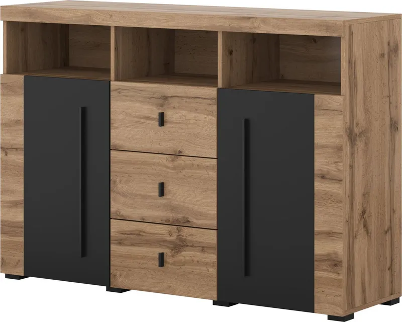 OTTO home Sideboard Roger,Breite 132cm, stilvolle Schrank, 2 Holztüren 3 Schubladen, Kommode mit viel Stauraum, Einlegeböden verstellbar, Beige|schwarz, – Produktbild 3 von 5