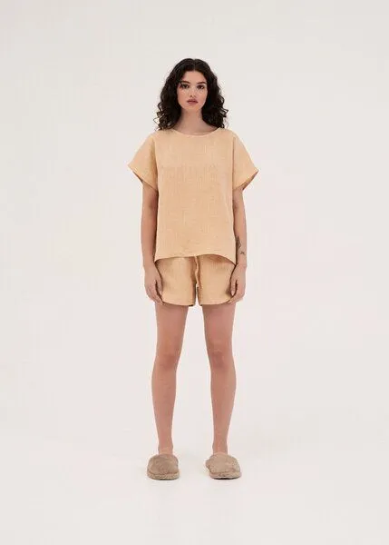 AmourLinen AmourLinen Kurzarm-Pyjama-Set CLOUD NINE, Senfgelb, – Produktbild 1 von 3