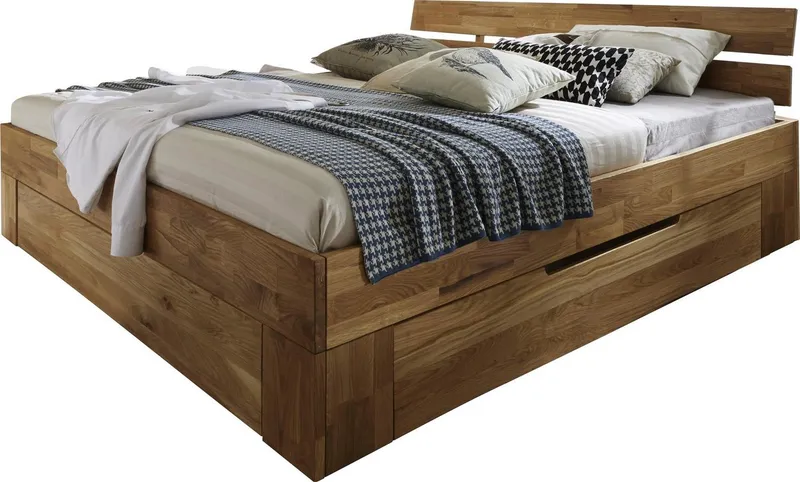 Home affaire Massivholzbett Tommy, Futonbett, aus Massive FSC-zertifizierte Wildeiche, Futon Stil (hohe Belastbarkeit: 200kg je Seite), Massivholz Scandi Design, Robust, stabil, In unterschiedlichen Breiten, Beige, – Produktbild 3 von 6