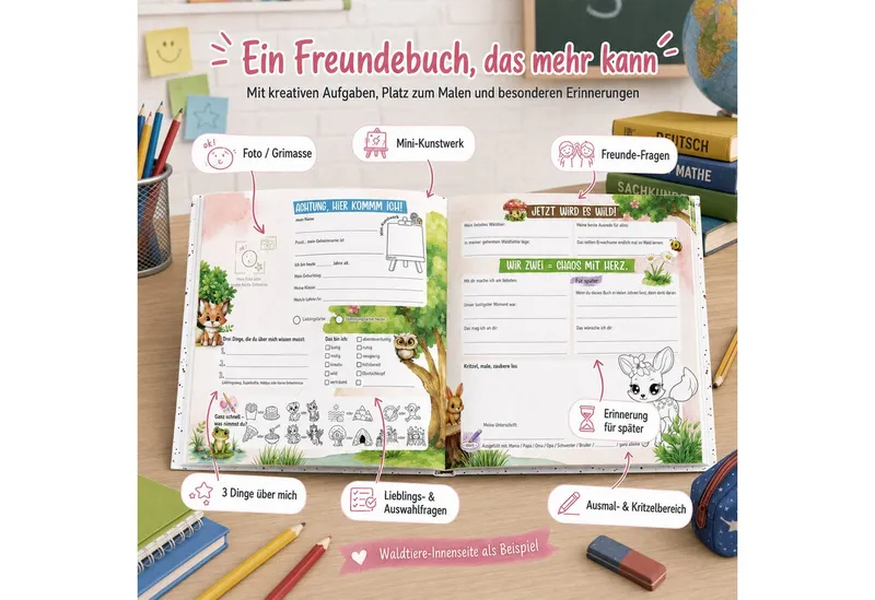 TOBJA Poesiealbum Freundebuch Grundschule Katze 21x21 cm - 32 Freunde, 9 Erwachsene, Katzen-Motiv, 92 Seiten, 32 Doppelseiten, FSC®-Papier – Produktbild 3 von 5