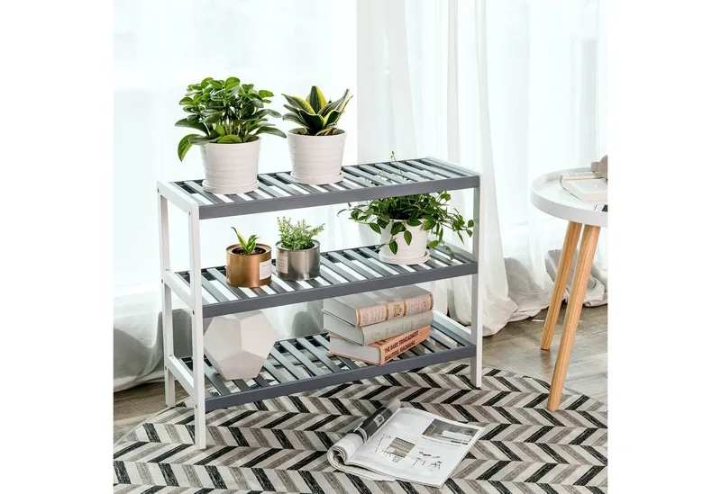 SONGMICS SONGMICS Schuhregal Schuhablage, Schuh-Organizer, für Wohnzimmer, Schlafzimmer, Badezimmer, Bambus, 3 Ebenen, Regal für Schuhe, Pflanzen, Bücher, 26 x 70 x 55 cm, Grau, – Produktbild 4 von 5
