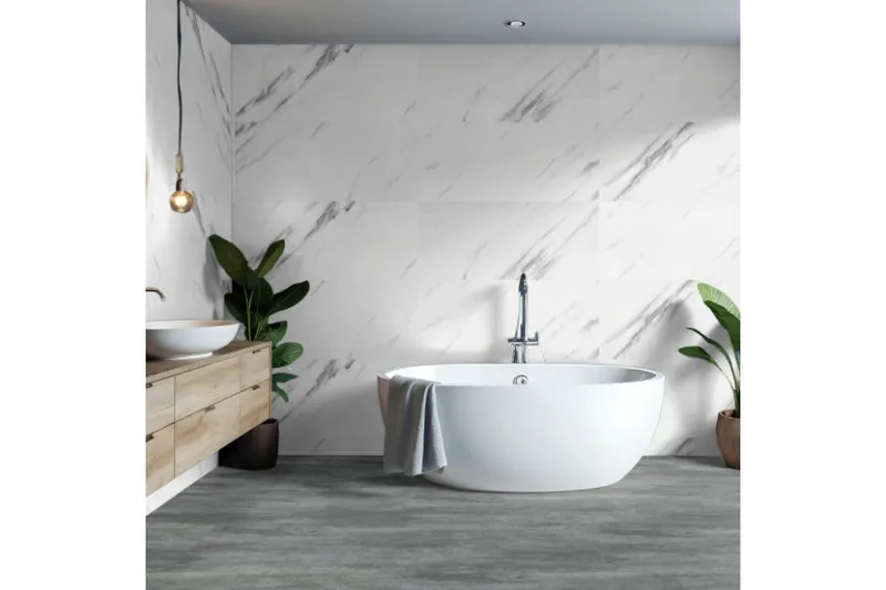 woodstore24 XXL Wandfliese SPC-Vinyl, Carrara‑Marmor, Hochglanz, wasserfeste Wandverkleidung für Küche und Bad, Wandpaneel mit Click-Verbindung, 1200 mm x 600 mm x 3,7 mm, (2,16 m² / Paket) – Produktbild 1 von 1