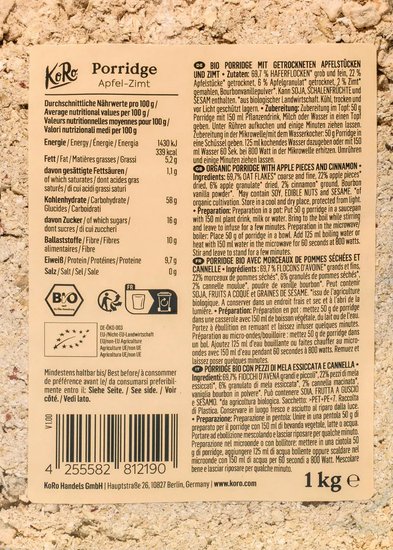 KoRo Bio Apfel-Zimt Porridge 1 kg – Produktbild 5 von 5
