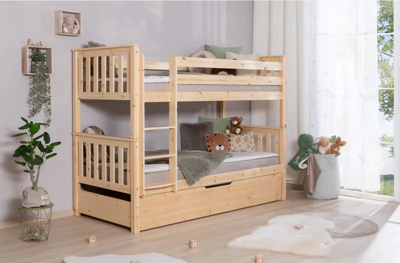 TICAA TICAA Etagenbett Sammy, umbaubar zu 2 Einzelbetten, edles Design im Landhausstil (90x200cm), inklusive Schubkasten, 2x Rollrost, zertifiziertes Massivholz Kiefer, Beige, – Produktbild 2 von 3