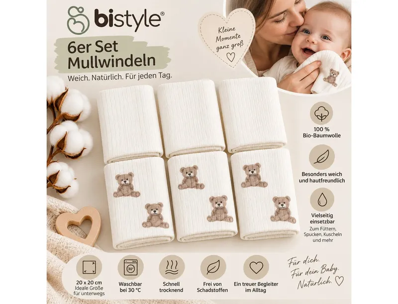 bistyle bistyle Spucktuch BabySpucktücher 6er Set, 20x20 cm, Bio-Baumwolle, kleinen Motiven, (6er Pack, 6-tlg), Basic, Weiß, – Produktbild 2 von 4