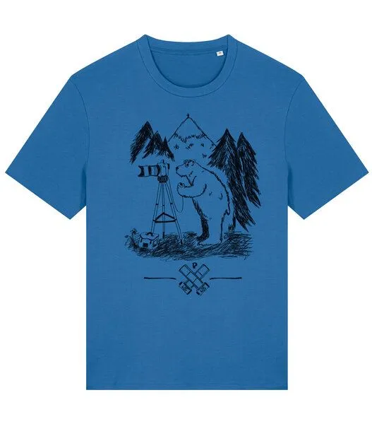 päfjes päfjes Foto T-Shirt | Fotokamera analogfotografie mit Bär - Unisex Männer Bio Siebdruck Shirt, Blau (mindful blue), – Produktbild 1 von 3