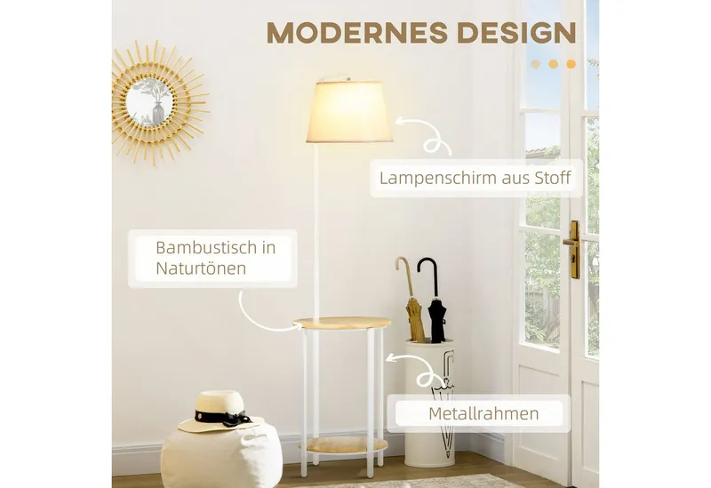 HOMCOM HOMCOM Stehlampe Stehlampe Wohnzimmer mit Regal, Stehleuchte mit E27 Fassung, Weiß 43x 39,5 x 162 cm, Weiß, – Produktbild 4 von 4